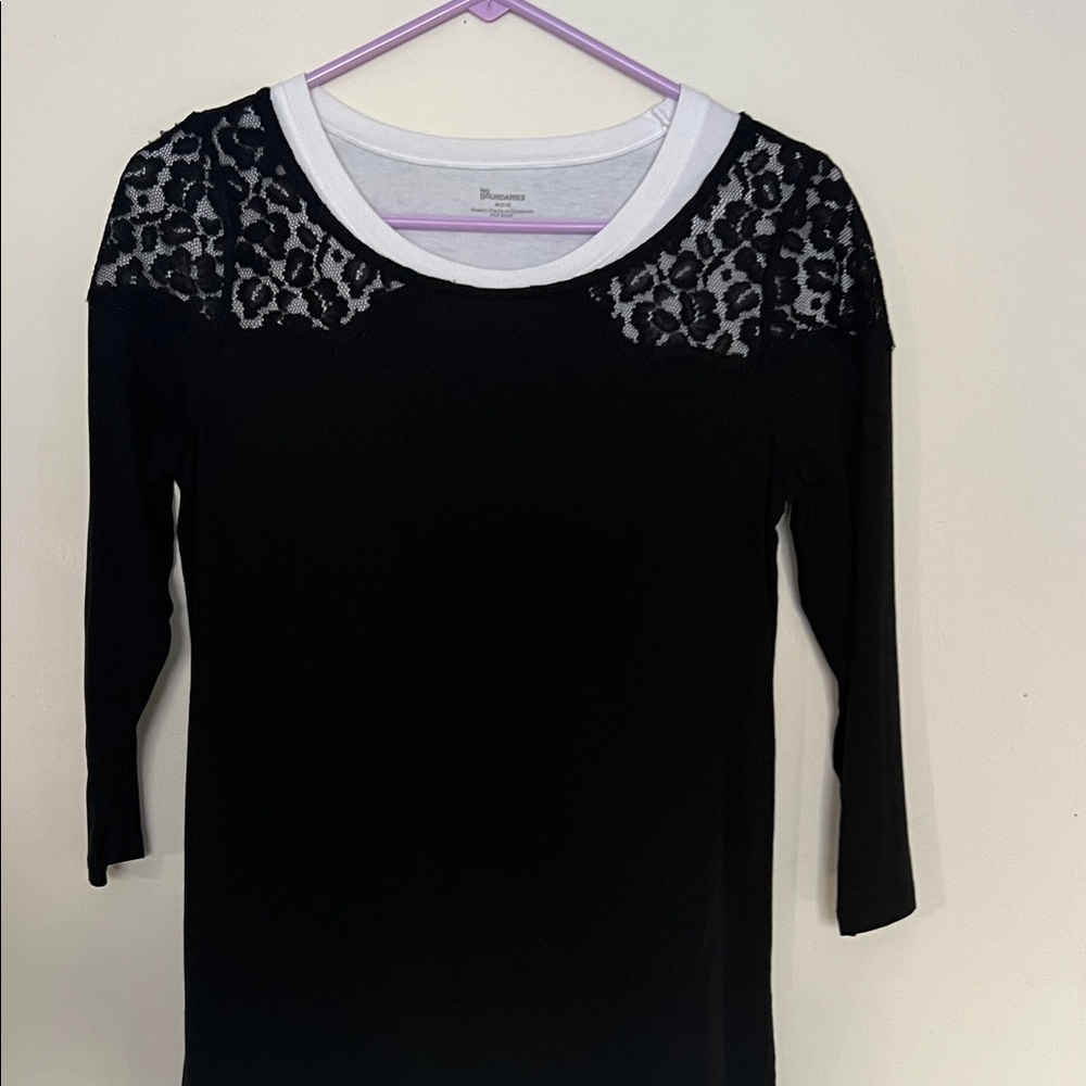 Ann Taylor dressy black top with lace trim, shoulder detail.